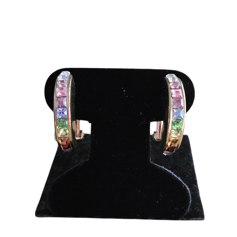 Vintage Christian Dior Bejeweled Rainbow Clip On Earrings Gold Tone Half Hoop